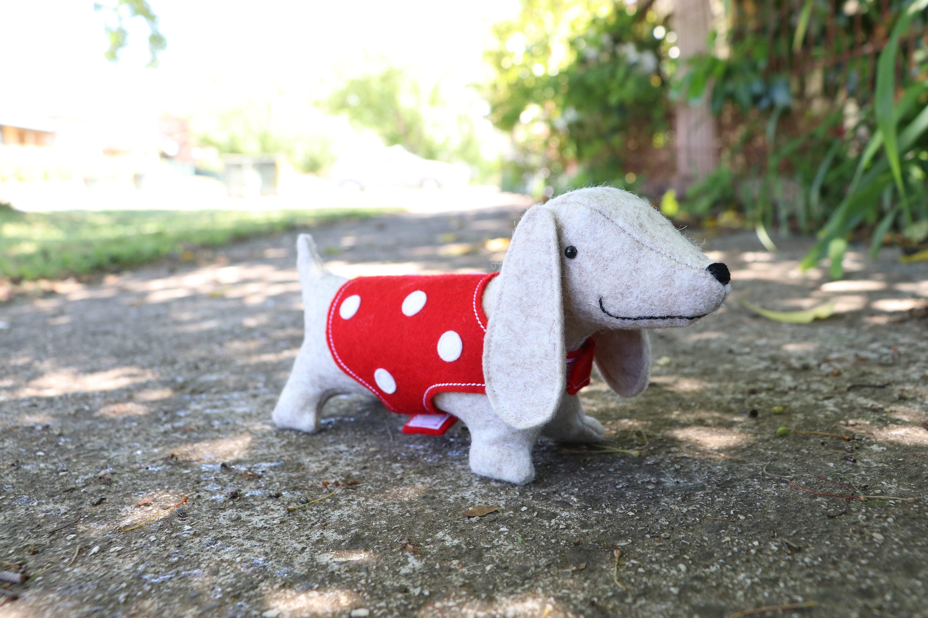 felt sausage dog in spotted coat